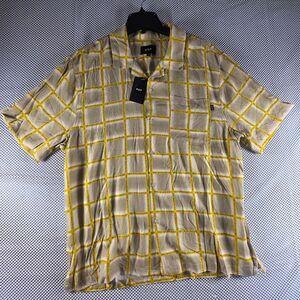 HUF Flynn Resort Shirt Mens Large Mustard Yellow Grid Print Short Sleeve NWT